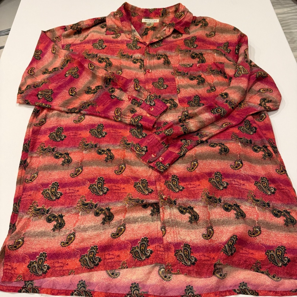 Vintage BOGARI Men's XL 100% Silk Paisley Shirt Pink Boho Rockabilly 90s